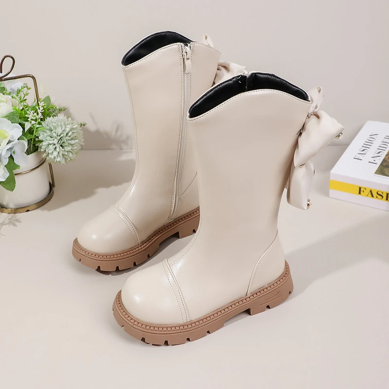 الفتيات أحذية عالية مع عودة Bowknots الاطفال الأحذية الجلدية بلون تنوعا 2025 الخريف الشتاء الأطفال أحذية طويلة لينة وحيد