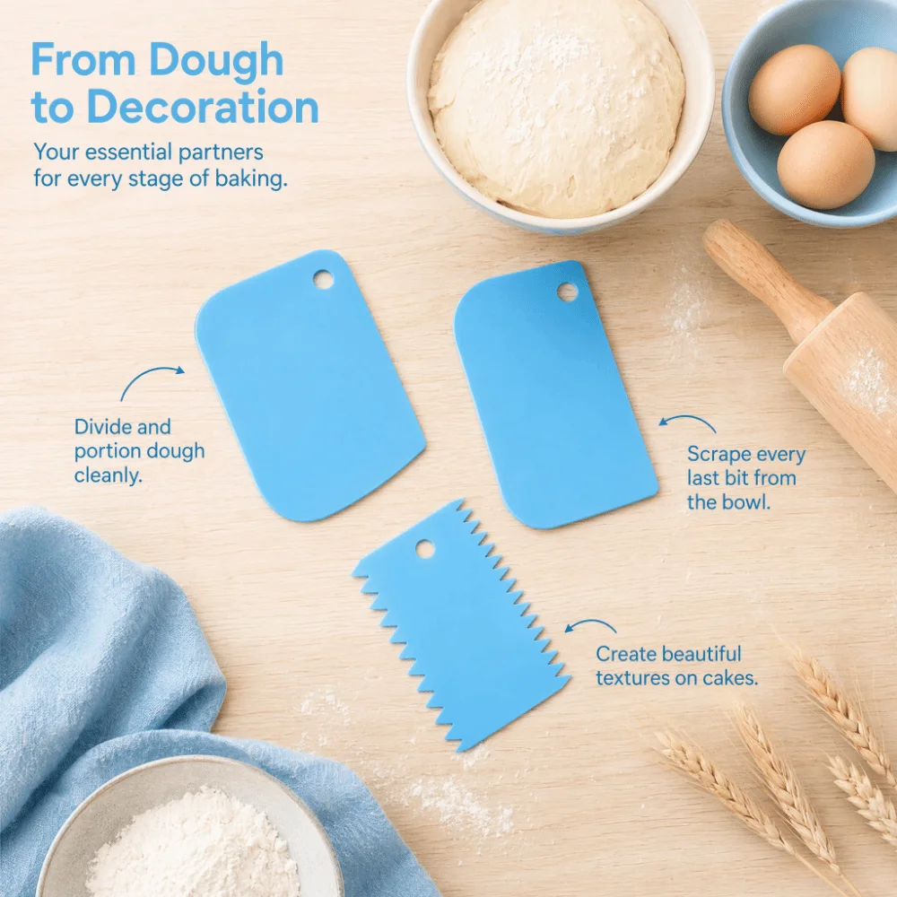3PCS PP Baking Scraper Set Food Grade Serrated Edge Dough Scraper Cutter Non Stick Surface Hanging Hole Plastic Cake Spatula