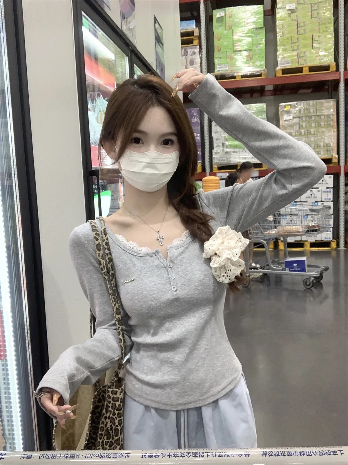 Sweet Korean Style Long Sleeve T-Shirt Half Open Collar Lace Button Inner Wear Base Shirt Goddess Style Breathable Cotton Pol...