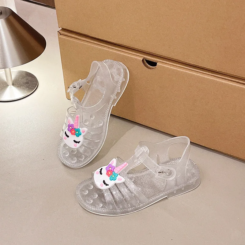 2026 Summer Girls Glitter Jelly PVC Unicorn Sandals Toddler Little Kids Buckle Closure Retro Woven Cut-Out Summer Beach Shoes