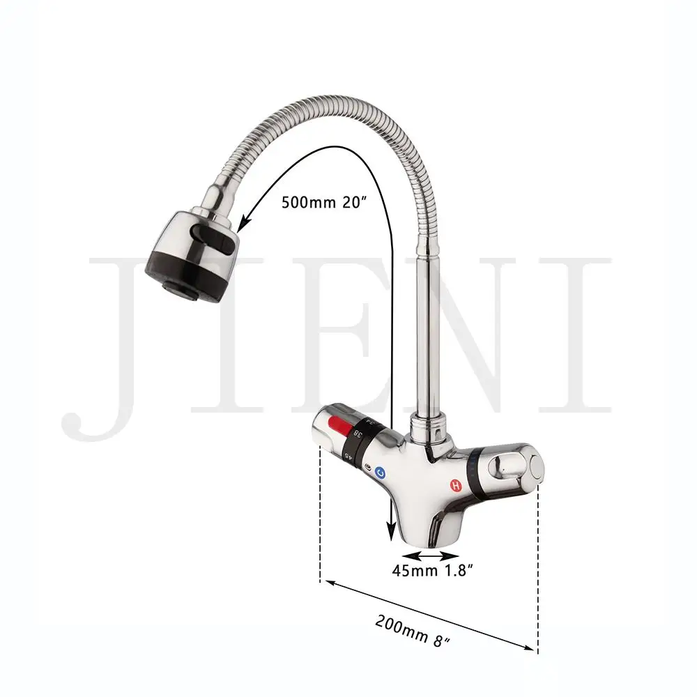 JIENI Chrome Brass Kitchen Sink Faucet Rain & Column Water Twist Swivel Spout Deck Mounted Thermostatic Control Basin Mixer Tap