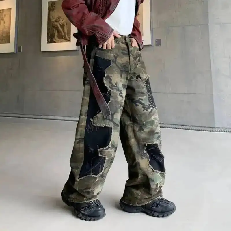 MWJLPWQ Camouflage Patchwork Fake Ripped Jeans Men's 2026 Fashion New Washed Casual Loose Straight Leg Machete Pants 17280