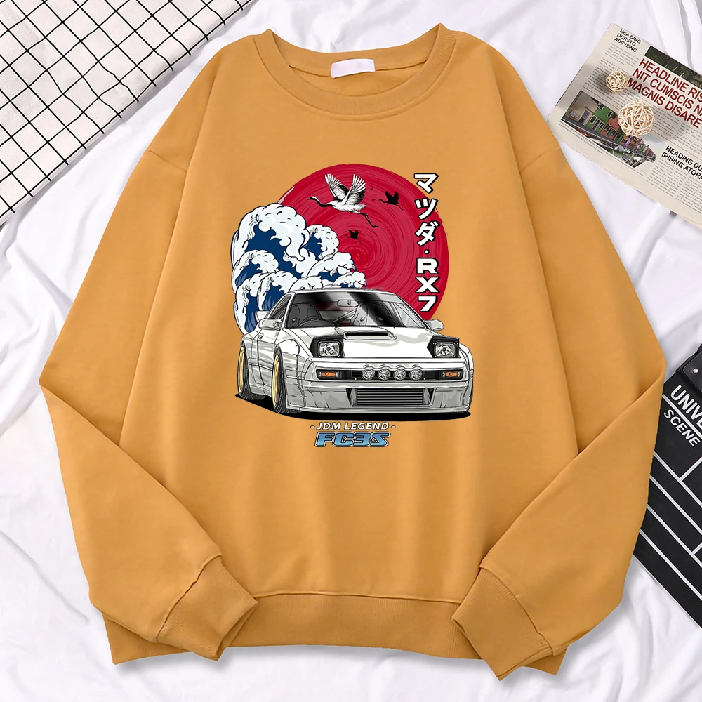 Simple Street Woman Pullovers Japanese Car Waves Crane Red Sun Print Hoody Loose Soft Sweatshirt Fleece Drop Sleeves Clothes