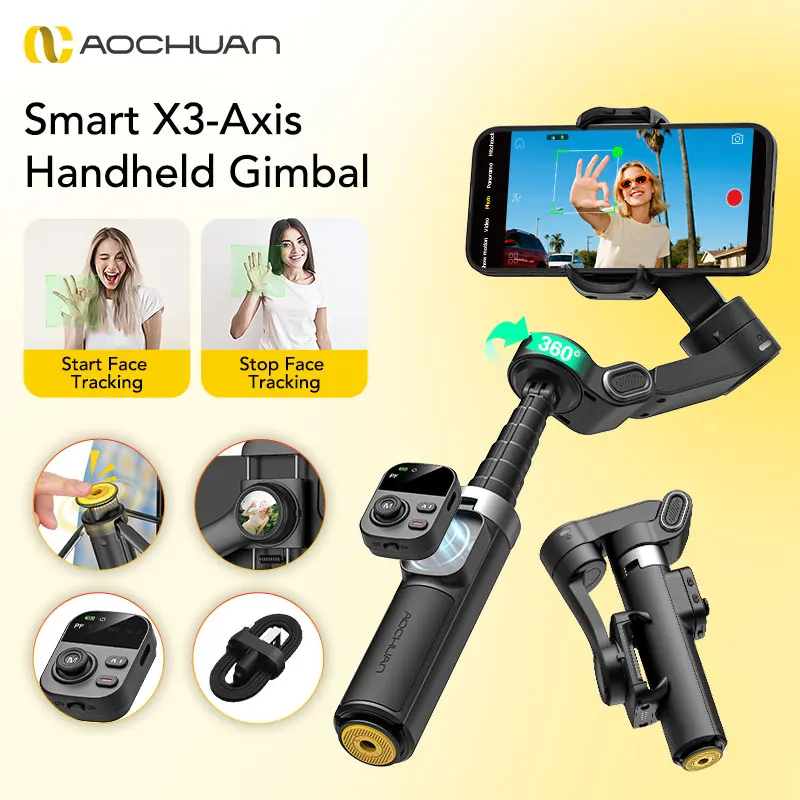 AOCHUAN Smart X3 3-Axis Handheld Gimbal Stabilizer 360° Rotating Detachable Remote Control Built In Extension Rod For Smartphone