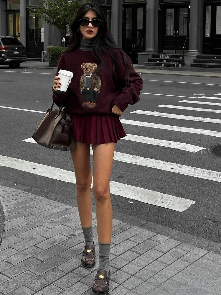 KONDALA Vintage Casual Chic Burgundy Women Skirt Solid Zippers Short Pleated Skirt Fashion 2025 Autumn Y2K Girl Mini Skirt
