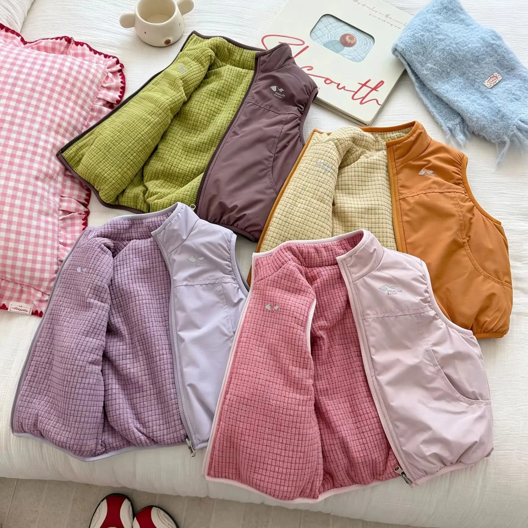 Winter Girls Double Sided Waistcoat Stand Collar Sleeveless Fleece Lining Warm Reversible Vest Kids Baby Casual Outerwear Tops