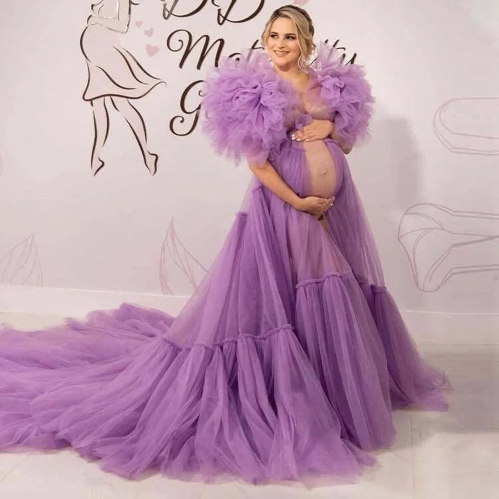 Photo Shoot Star Dresses Maternity Gown Women Big Sleeve Sweep Train Photo Dress for Photoshoot Tulle Long Sheer Puffy Robes