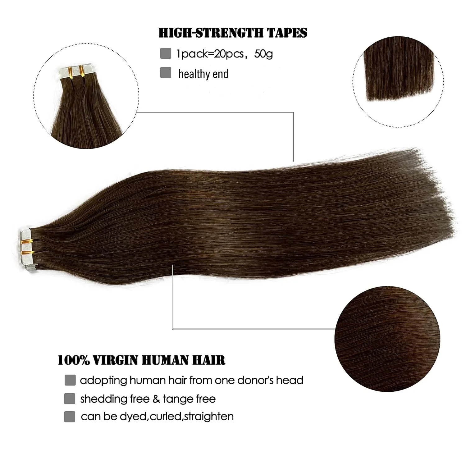 Cinta recta de hueso para extensiones de cabello, pegamento adhesivo de trama de piel en salón, marrón oscuro, extensiones de cabello humano para mujeres, #2