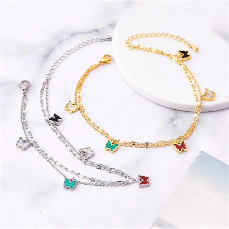 316L Stainless Steel New Fashion Jewelry 2 Layer Embedded In Natural Shells Hang 5 Butterflies Charm Chain Anklets For Women