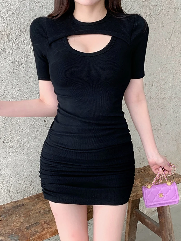 Robe de plage sans bretelles en fibre pour femmes, robe évidée, mini club, batterie, sexy, vêtements solides, vintage, rue, été, Y2K