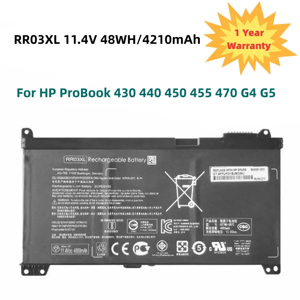 

11.4V 48WH/4210mAh RR03XL Laptop Battery For HP ProBook 430 440 450 455 470 G4 G5 HSTNN-PB6W HSTNN-UB7C HSTNN-LB71 851477-832