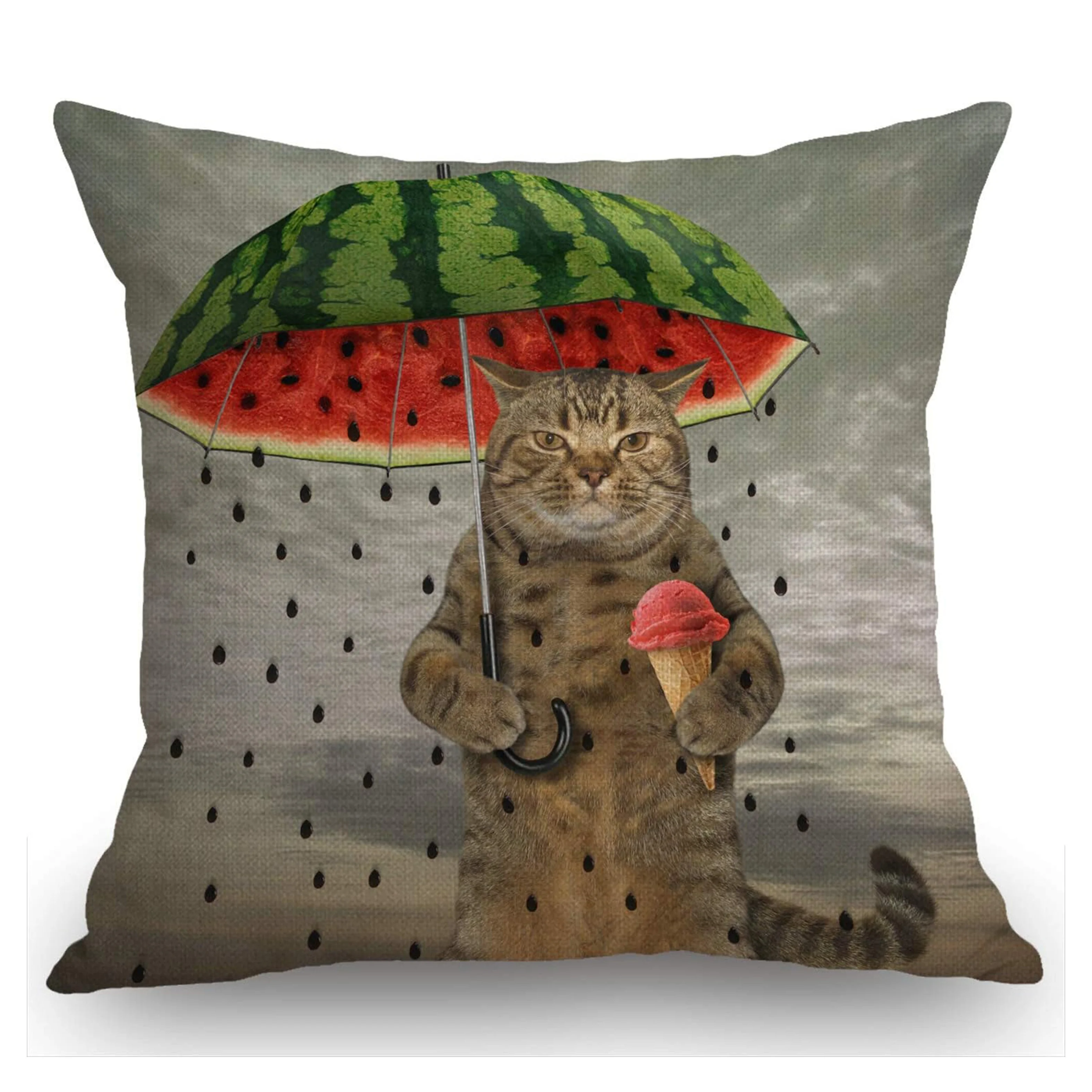 Charming Cat with Umbrella Ice Cream Double-Sided Pillowcase, Cute Animal Pattern Cushion Cover with Zipper, Washable Decor