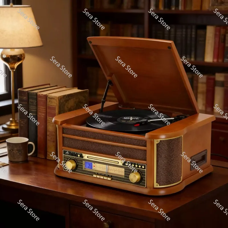 Vinyl Record Player Vintage Turntable Bluetooth-compatible CD&Cassette Player Speaker AM/FM Radio USB Recorder