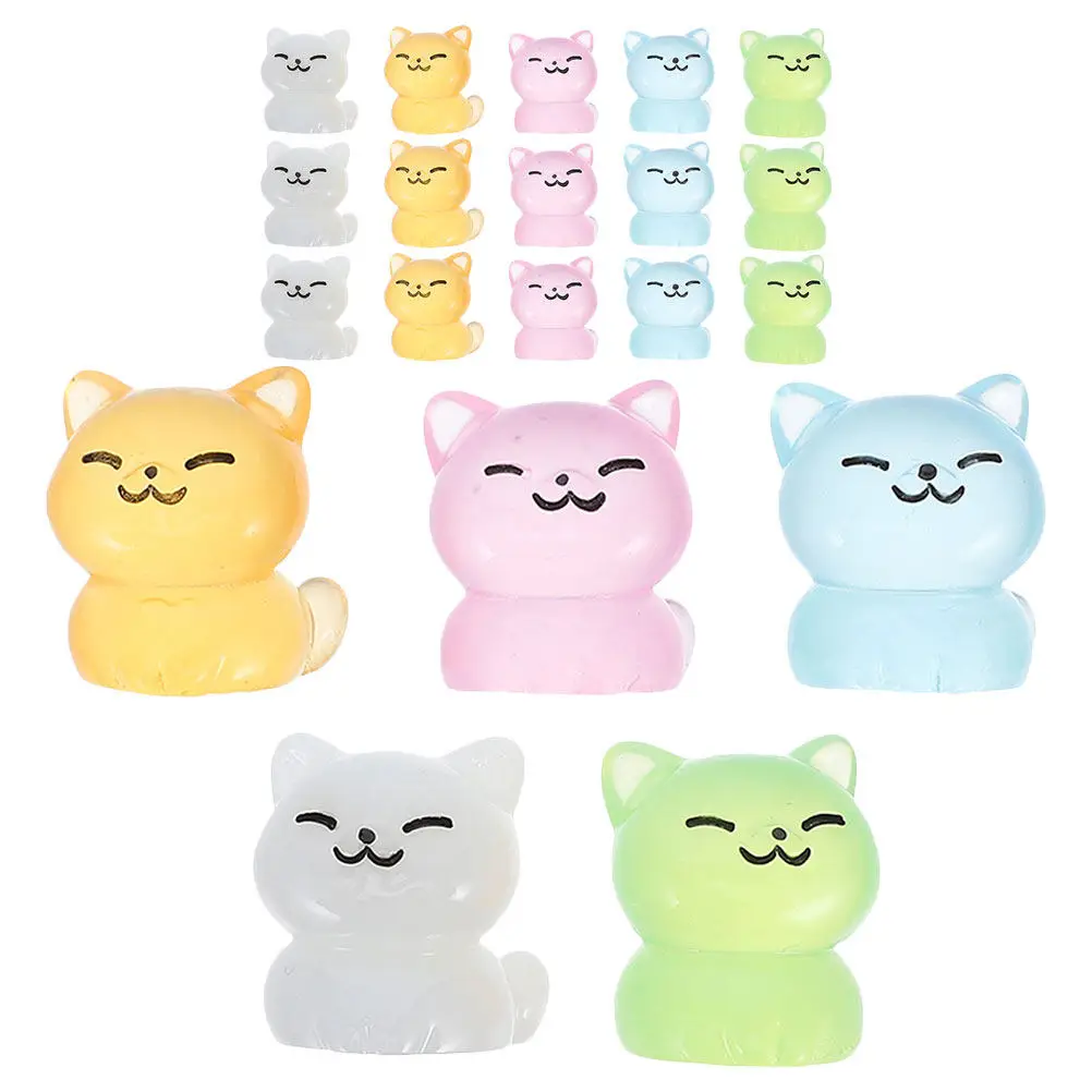 20Pcs Luminous Miniature Resin Cat Sculptures Glowing Tiny Cats for Fairy Garden Micro Landscape Decoration Night Light