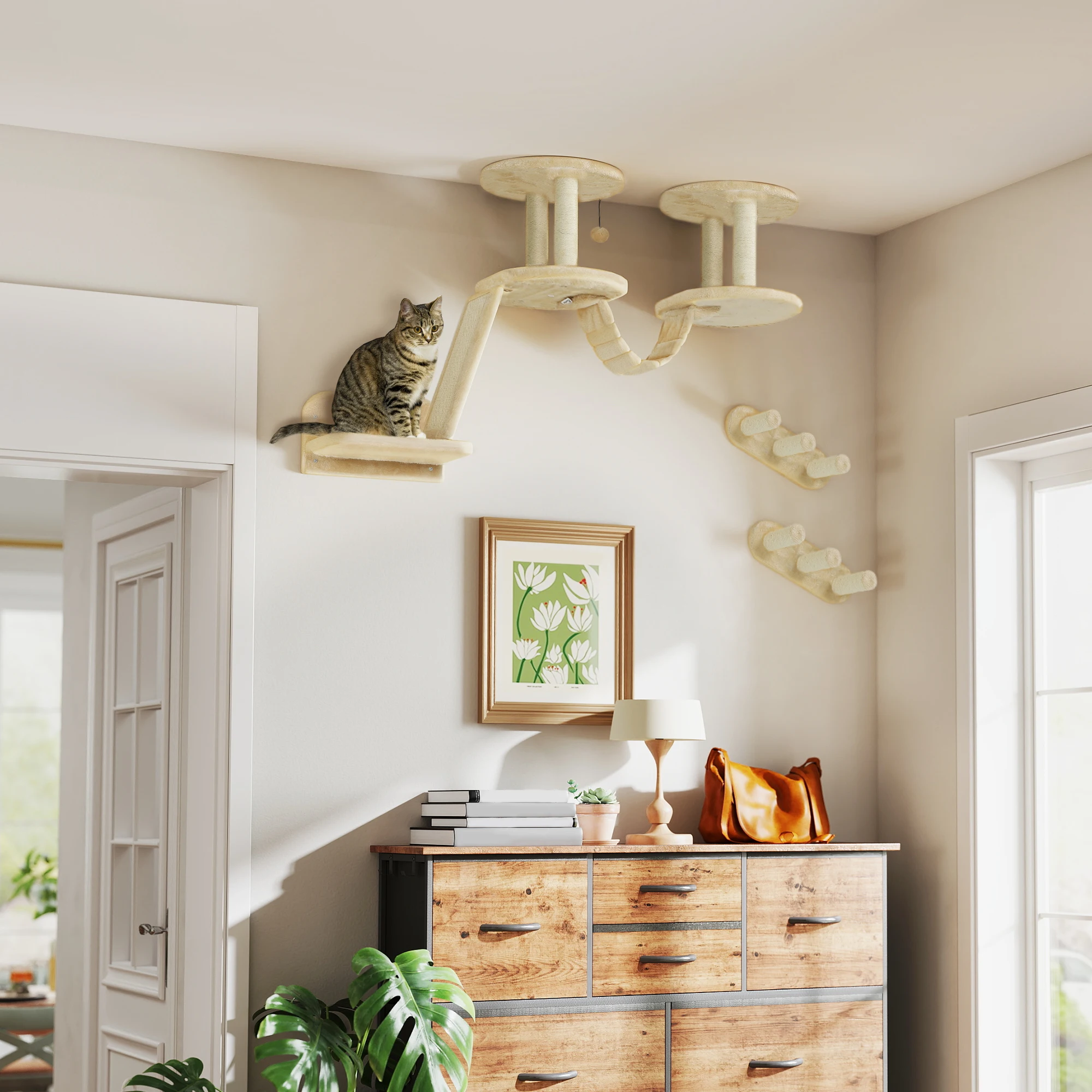 PawHut Set da parete per arrampicata per gatti, 3 pezzi, mobili per gatti con tiragraffi, perchi, gradini per scale, tiragraffi