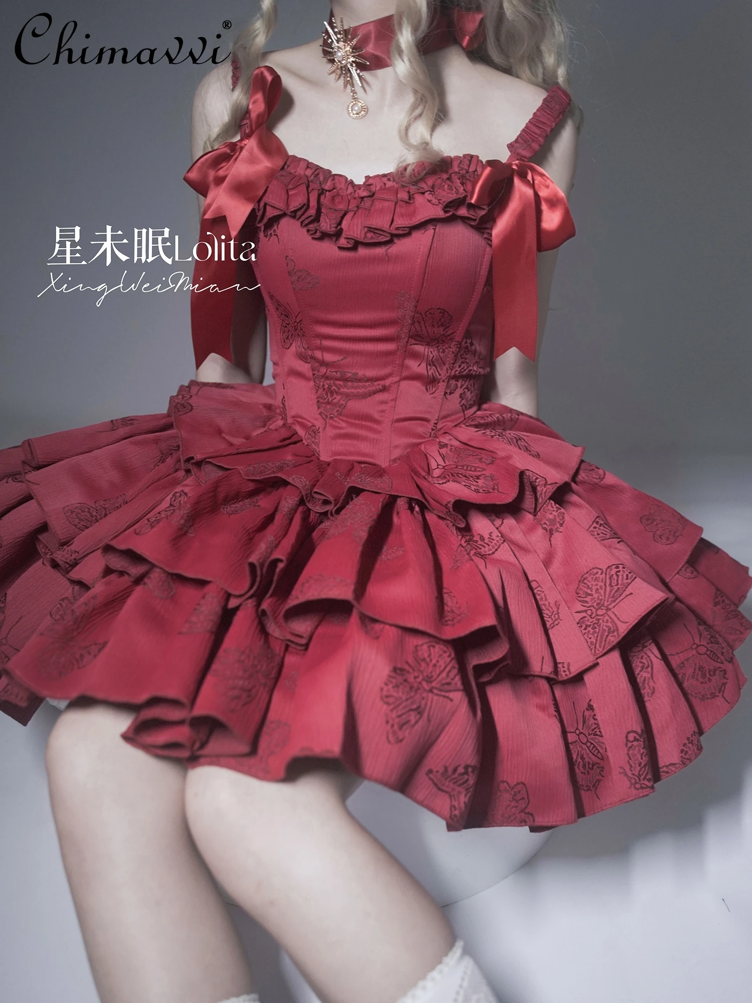 Original Lolita Style Fishbone Christmas New Year Three-Section Ladies Dress Sexy Slim-fit Elegant Strap Girl Party Dress Women