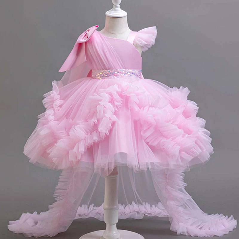 Children's performance evening party 0-10Y dress New girls' yellow dress party slanted shoulder fluffy trailing dress