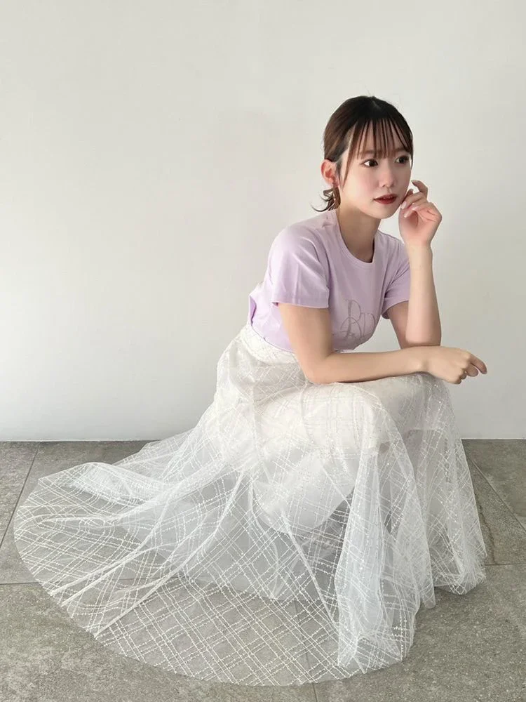 Japanese Style Embroidery Sequined Shiny Elastic Waist Mesh Swing Fairy Skirt Girl Women's High Waist Long Skirts