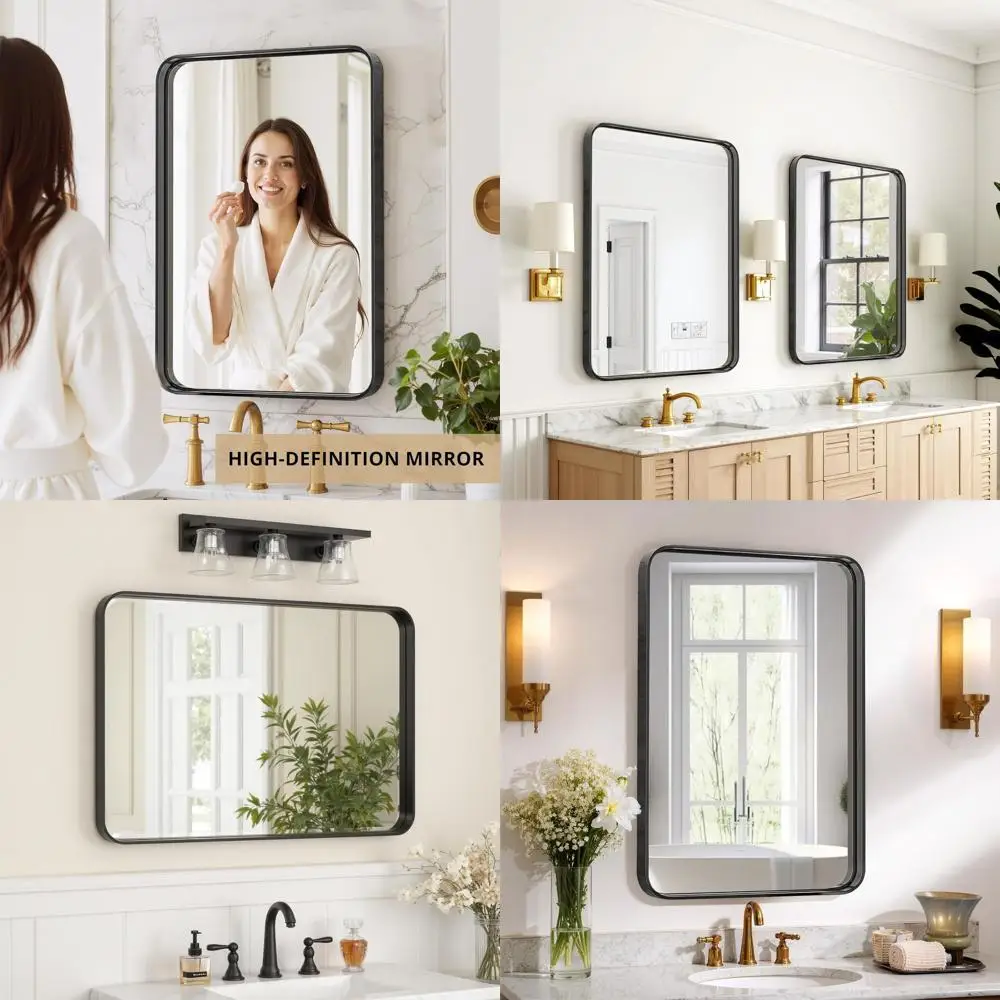 Espelho de vaidade com moldura preta de 30 x 22 polegadas, resistente à ferrugem, estilo moderno de fazenda para parede ou pia
