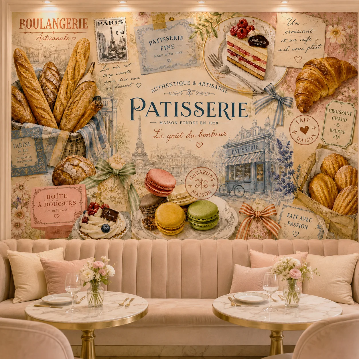 Vintage French Patisserie Wall Mural Wallpaper Croissant Bakery Cafe Restaurant Retro Dessert Poster Wall Decor NonSelf Adhesive