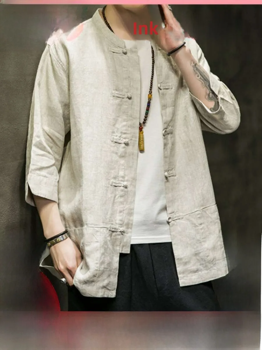 

Новая мужская рубашка-танк из льна и хлопка с пятью пуговицами, свободного кроя, летняя повседневная одежда в китайском стиле