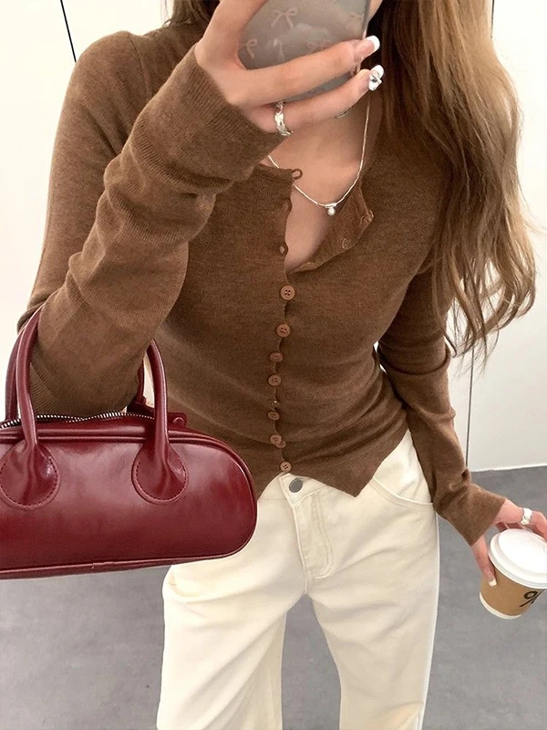 

Red Knit Cardigan Women Early Fall Slim Fit Waist Design Long Sweater Korean Style Sled Pattern Pullover Y2K Basic Layer Top