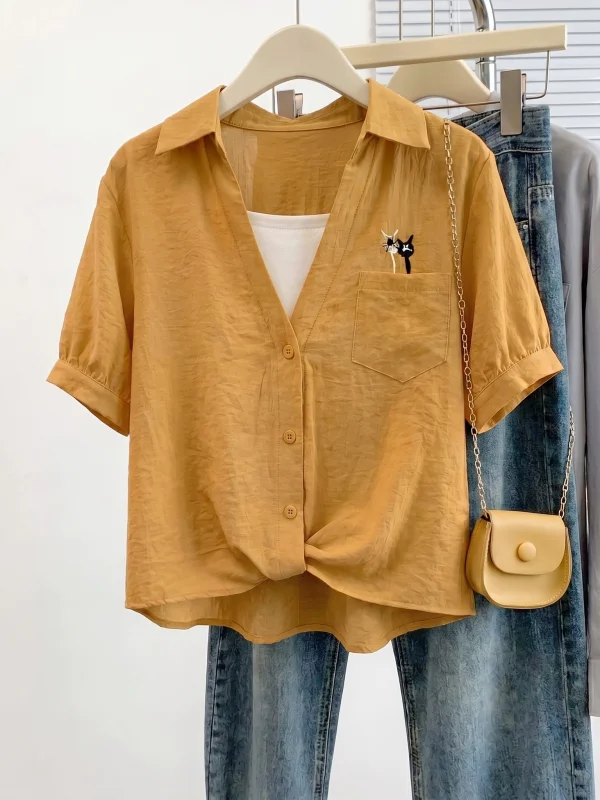 

Orange Pumpkin V-neck Short Sleeve Women's Shirt Irregular Loose Fit Commute Style Korean Version Summer New Arrival