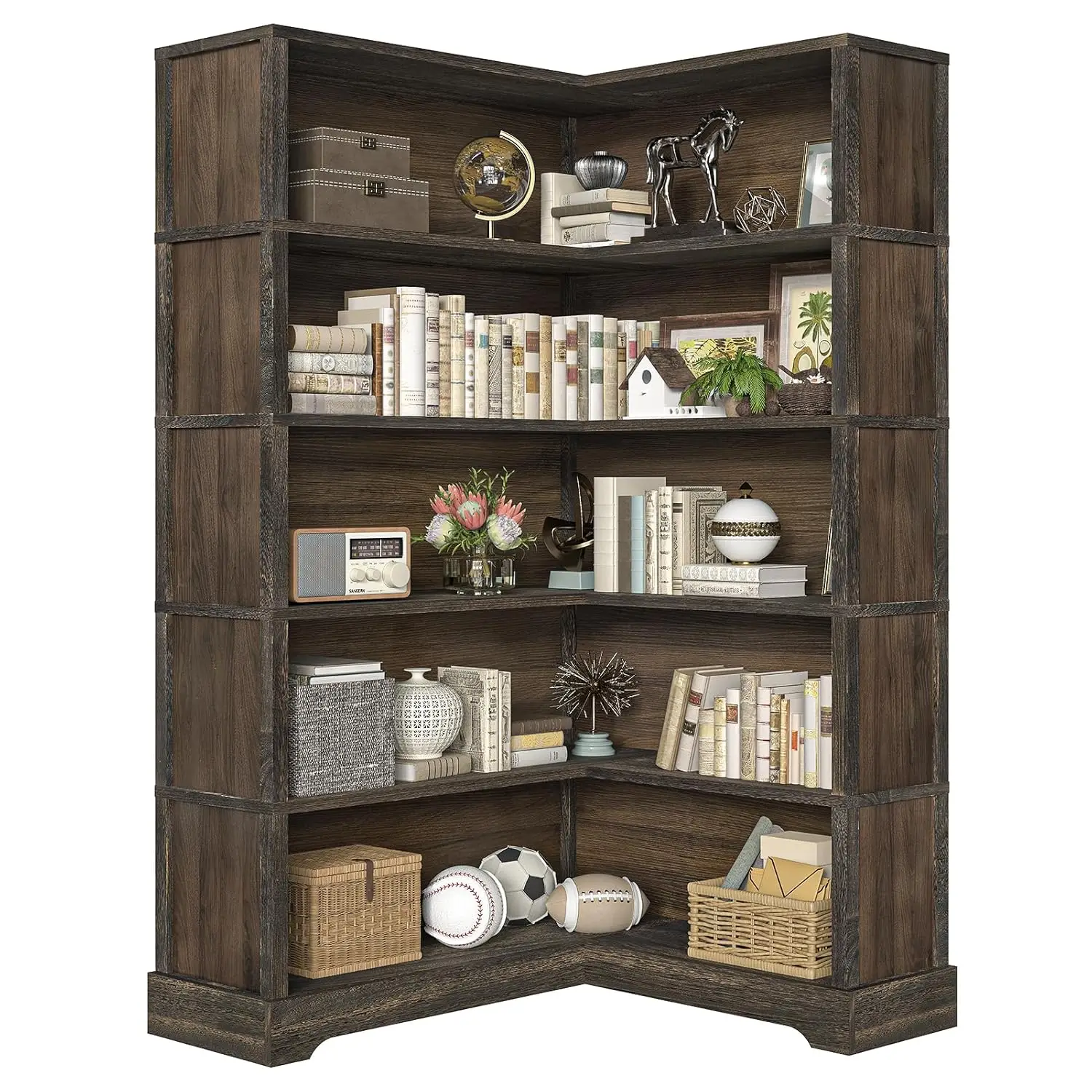 Wood Corner Book Shelf, 5 Tier 65 Inch Tall Bookshelf with Storage, Floor Standing Display Book Shelf for Living, Customized