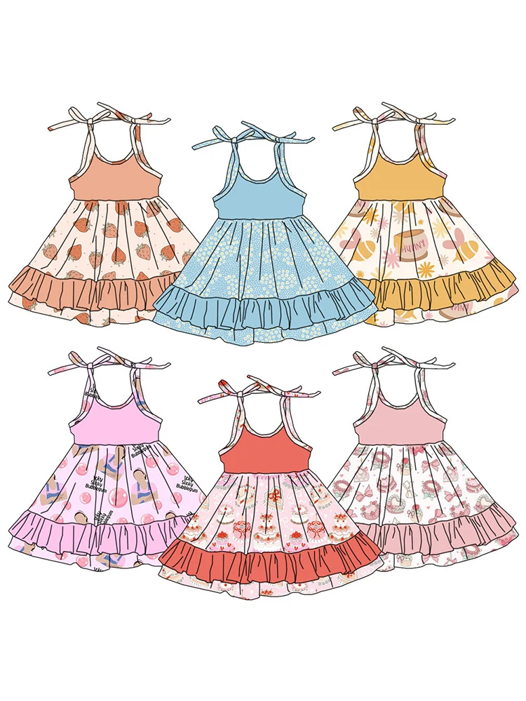 Summer Strawberry Print Baby Girl Dress Cute Floral Pattern with Two Layers Ruffles Children's Boutique Clothing