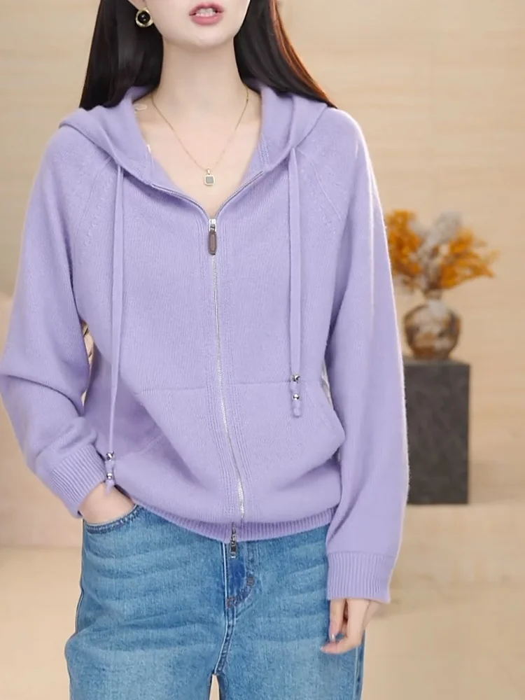 

Purple Knitted Hooded Cardigan Outerwear 2025 Autumn New Sle plus Size Versatile Slimming Age-Defng Sweater Top for Women