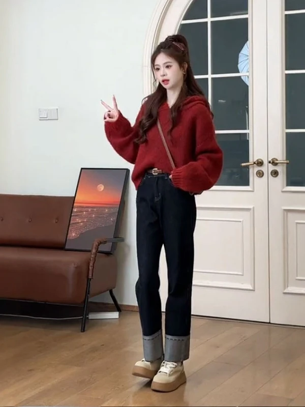 Loose Fit Red Kapuzenpullover Damen Herbst Winter ort Strickoberteil Easy Wear Casual Sle Fce Gefütterter Hoodie Neujahrsfa...