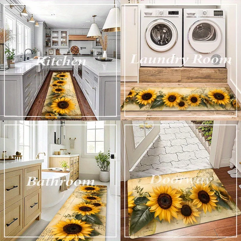 Vintage Sonnenblumen-Küchenteppich Rutschfeste Waschbare Kieselgur-Bodenmatte für Küche Flur Badezimmer Waschküche Dekoration – Detail 1