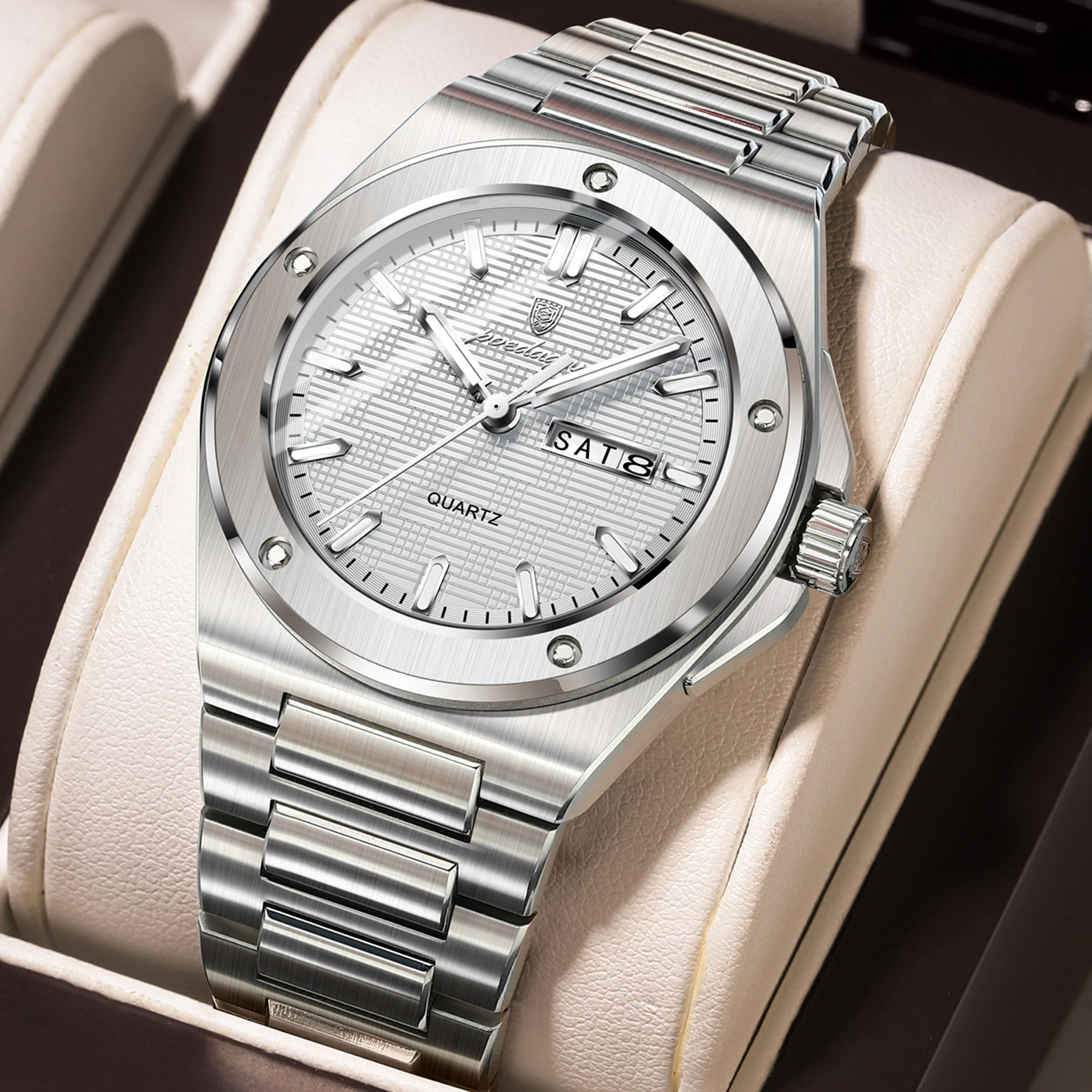 POEDAGAR Fashion Men's Watch Waterproof Luminous Date Week Elegant Man Clock High Quality Stainless Steel Quartz Watches For Men
