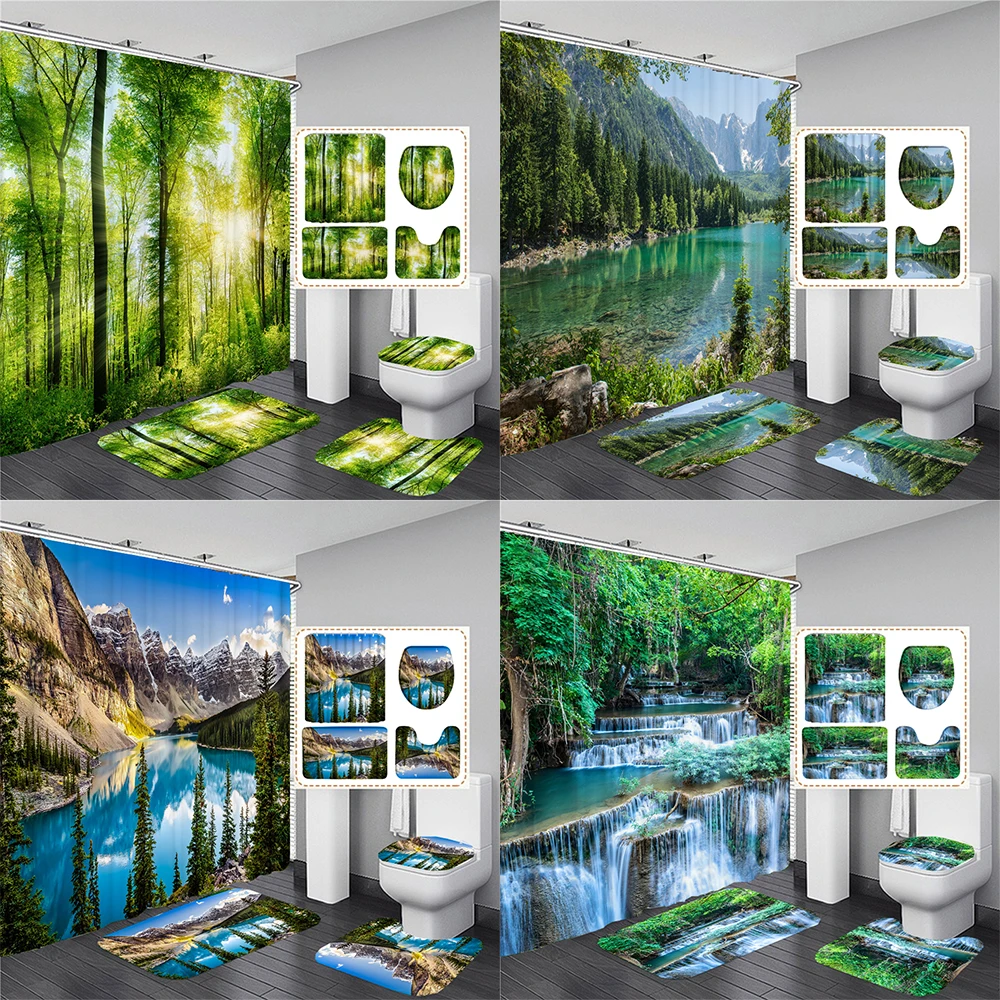 

3D Natural Forest Landscape Printed Waterproof Fabric Bathroom Curtain Shower Curtains Set Anti-skid Rugs Toilet Cover Bath Mat