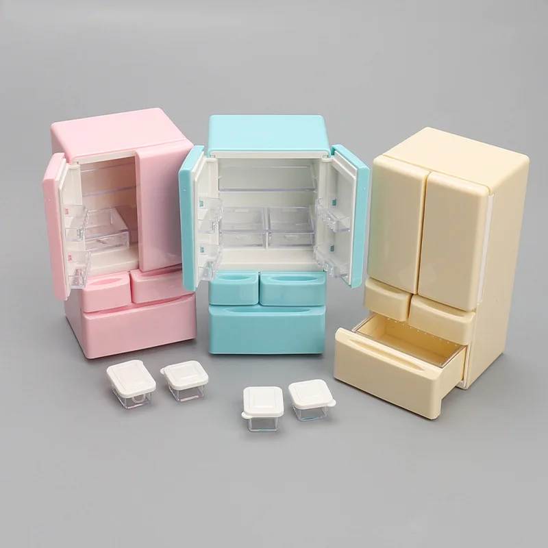 Hot Sale Cute Mini Furniture Double Door Refrigerator Miniature 1:12 Dollhouse Small Model Kitchen Scene Home Decoration