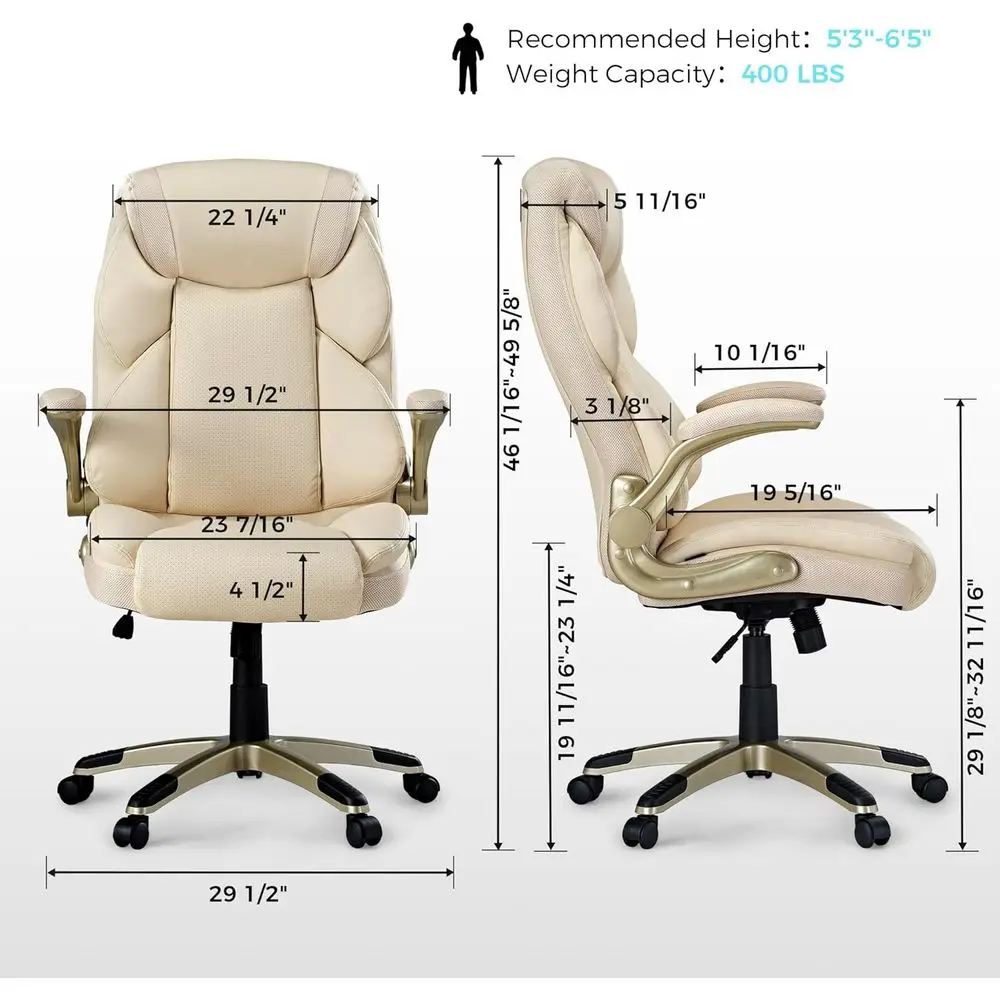 Ergonomic High-Back Leather Computer Chair with Adjustable Armrests, Beige, for Home or Office Use