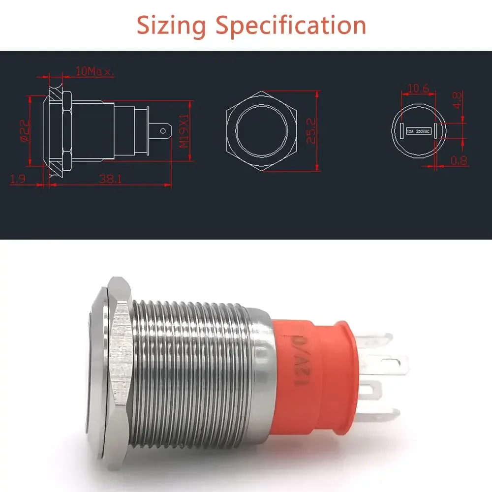 19mm ad alta corrente 10A metallo Ip67 12V 220V Led interruttore a pulsante impermeabile blu rosso Led luce interruttori a scatto momentanei