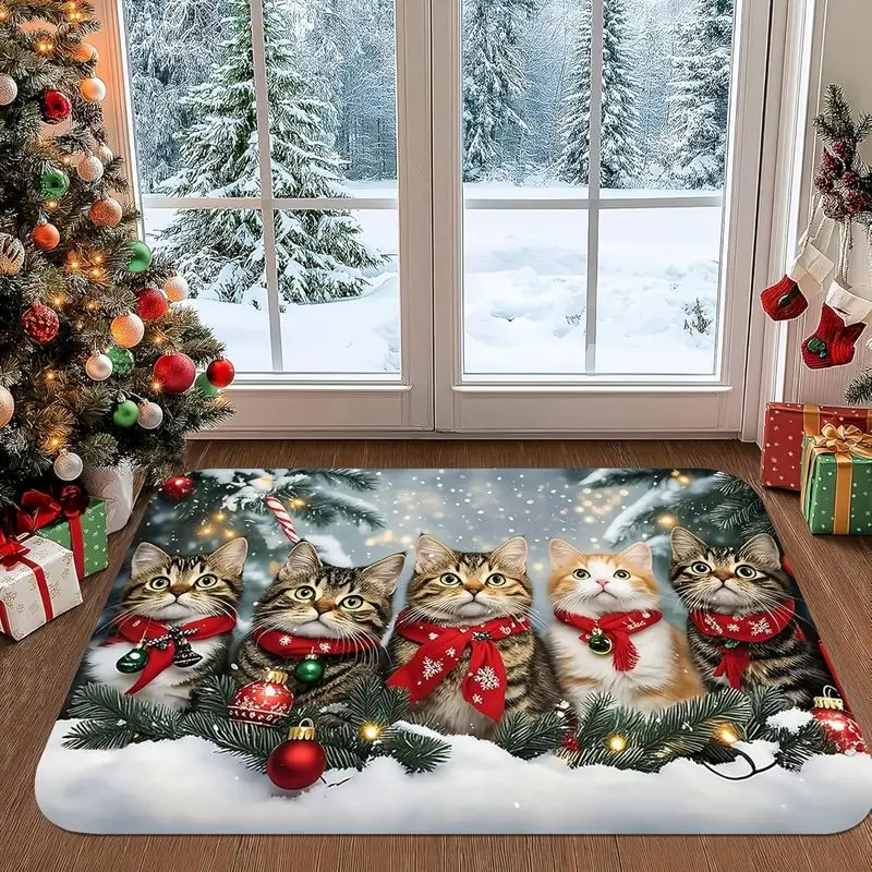 VIKAMA Christmas Flannel Door Mat Five Cats Red Scarf Snowy Pine Print Non Slip Mat For Front Door Porch Entry Home Decor