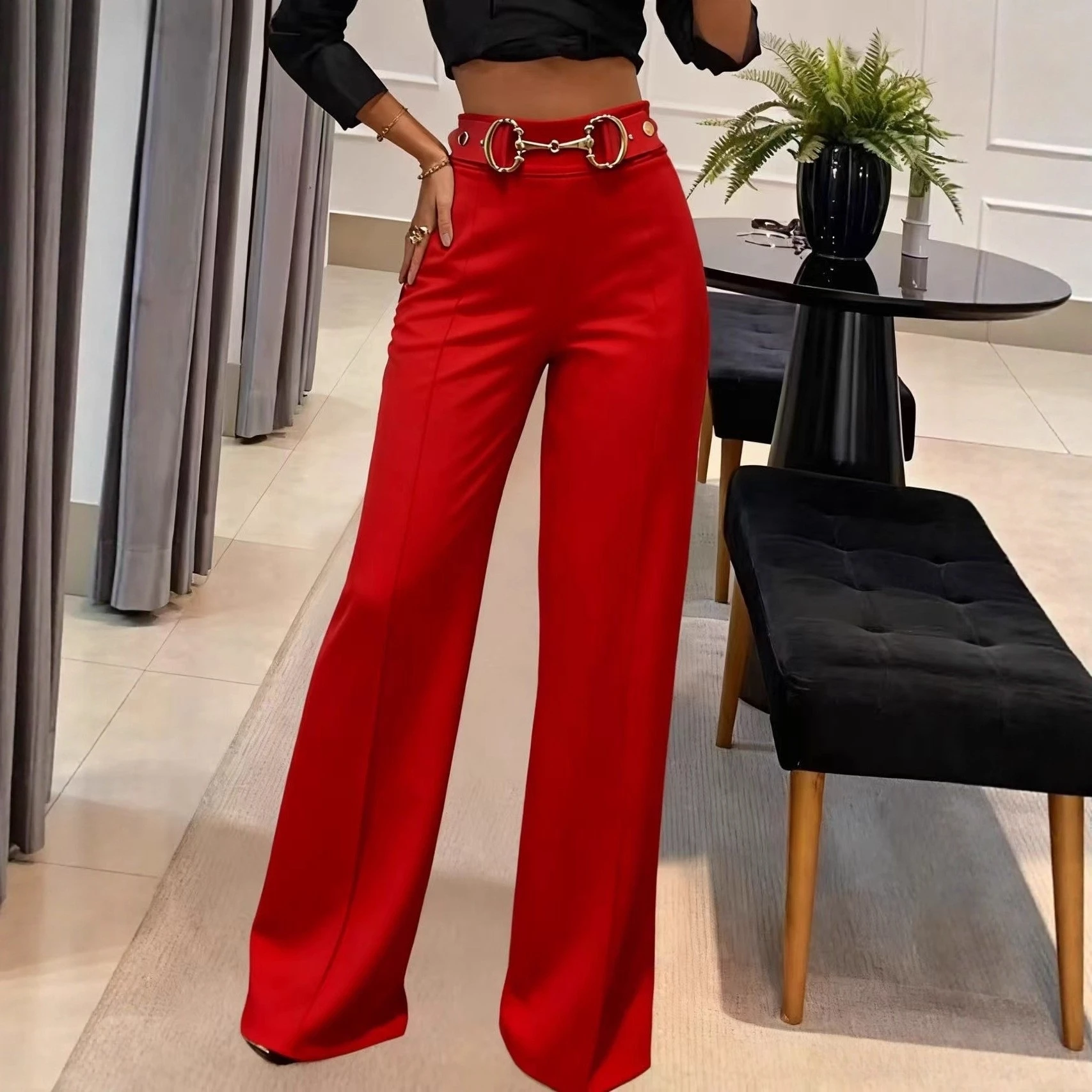 High Waist Metal Bule Wide Leg Pants Faionable Drapey Slimming Straight Leg Casual Pants for Women Commute Sle
