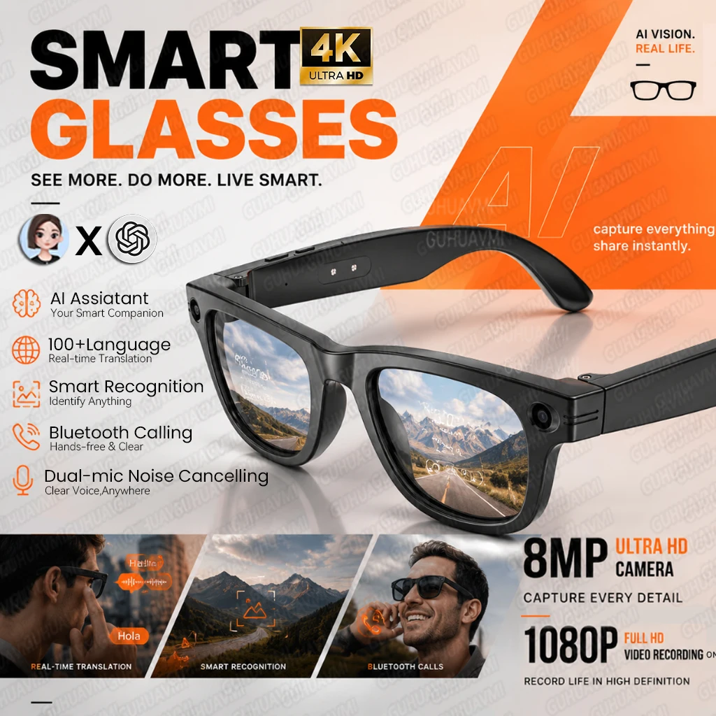 2026New AI Smart Glasses 130+Language Translation 800W Pixel Camera Video Music Player Call Business Photochromic Glasses Men