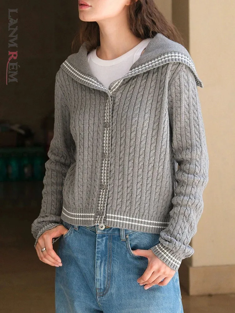 

[LANMREM] Fashion Contrast Color Knitting Sweater Women Lapel Single Breasted Long Sleeve Fit Female Tops 2024 Winter New 26C225