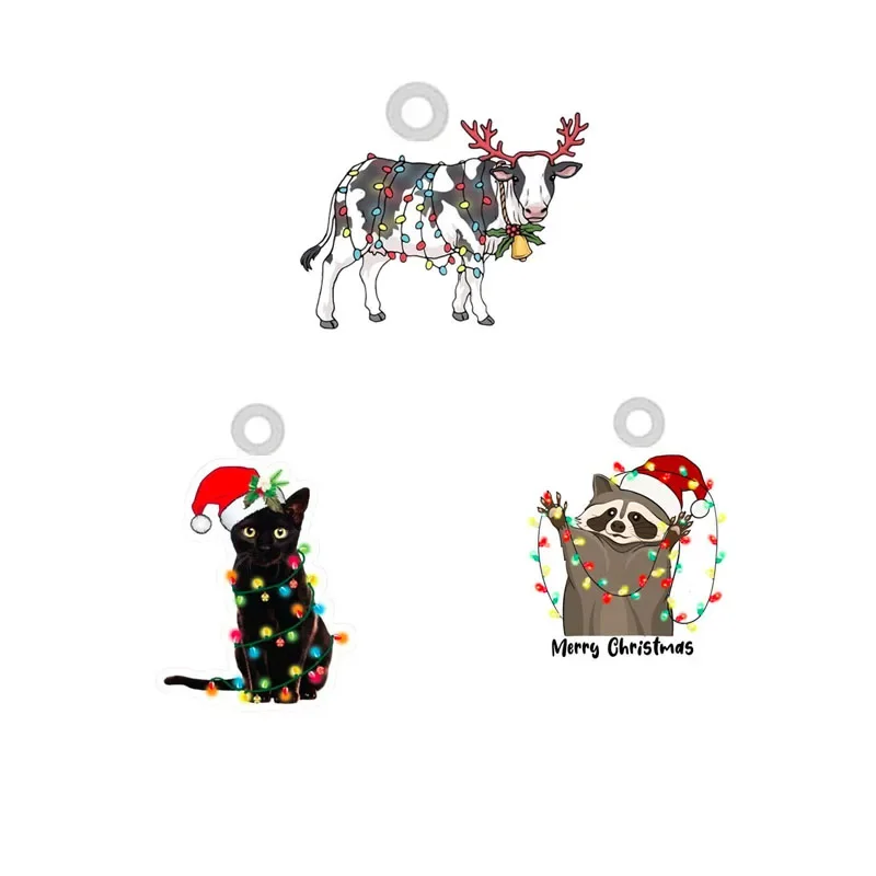 New Christmas Acrylic Pendant Double-faced Epoxy Dairy Cattle COW Cat Raccoon Color Light Charms For DIY Jewelry Makings Crafts