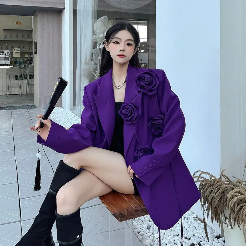 

Purple Three-dimensional Flower Heavy Industry Blazer Women's Spring Autumn New Niche Design High-end Shoulder Padded Suit Top