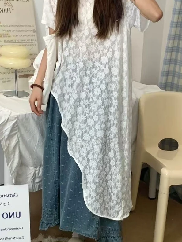 เสื้อคลุมลูกไม้หลวมๆ สำหรับผู้หญิงช่วงฤดูร้อน ดีไซน์เก๋ไก๋ ไม่สมมาตร หวานซ่อนเปรี้ยว ทรงกลม แขนสั้น ความยาวปานกลาง