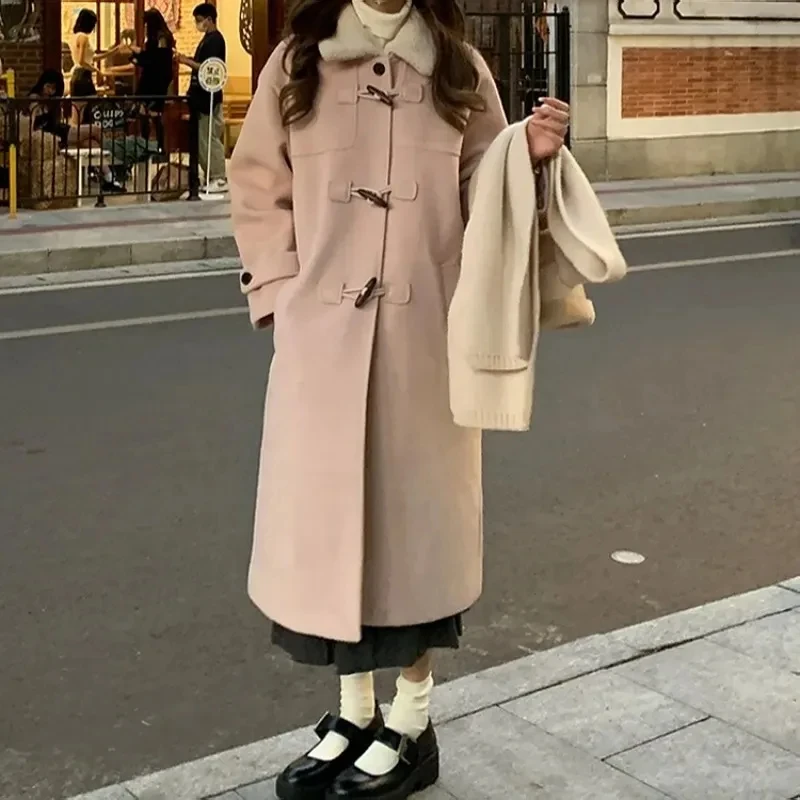 

2023 Autumn Winter Casual Sweet X-long Oversized Wool Jacket Women Outerwear Loose Solid Color Turn Down Collar Collar Warm Coat