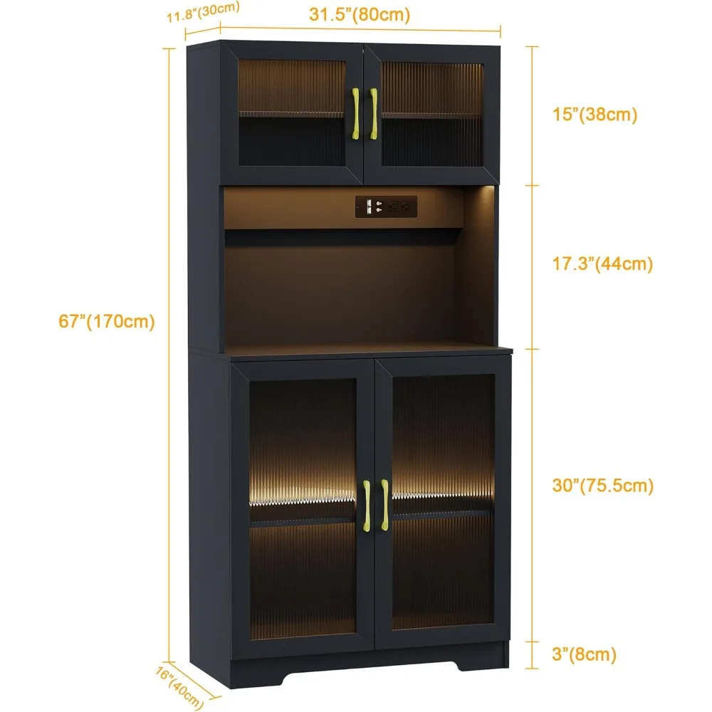 with Charging Station, Sockets & USB Ports, Kitchen Pantry Cabinet, Buffet Sideboard, Microwave Cabinet with Top