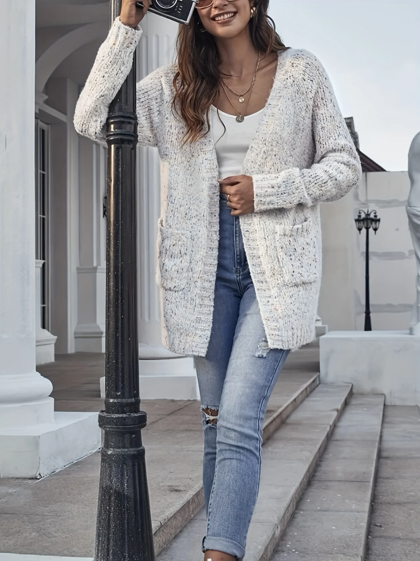 Autumn and winter women fashion temperament lazy style loose knitted cardigan colorful casual pocket jacket