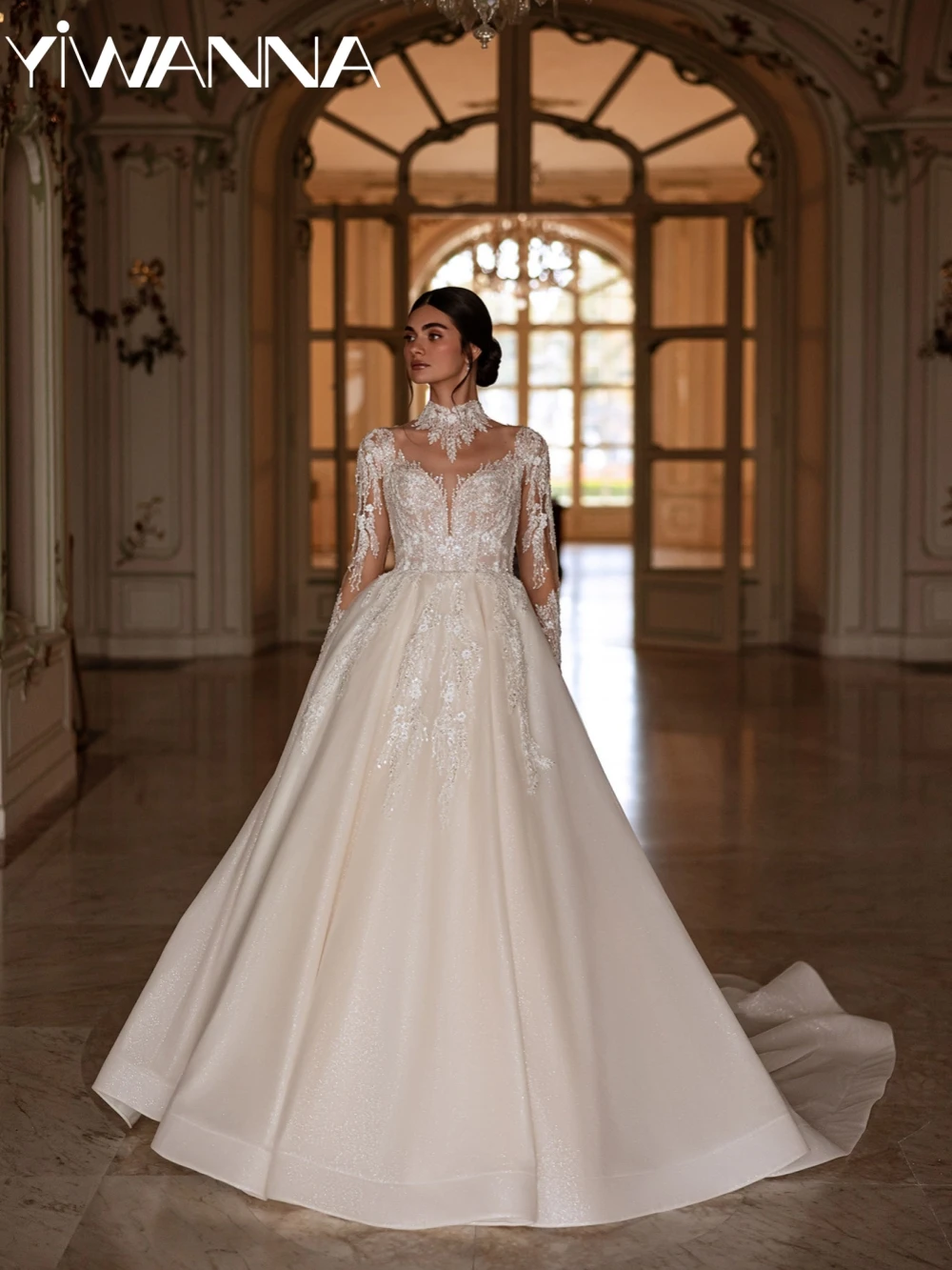

Elegant Beaded Appliques A-line Wedding Dress Modest High Collar Long Sleeve Bridal Gown Customized Glitter Dresses For Bride