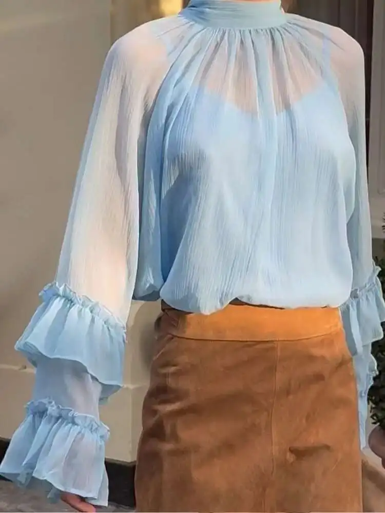 Elegant Lace Up Flare Sleeve ดูผ่านเสื้อแฟชั่นคอ Curg Edge เสื้อใหม่หญิงเดินทาง Highstreet Tops