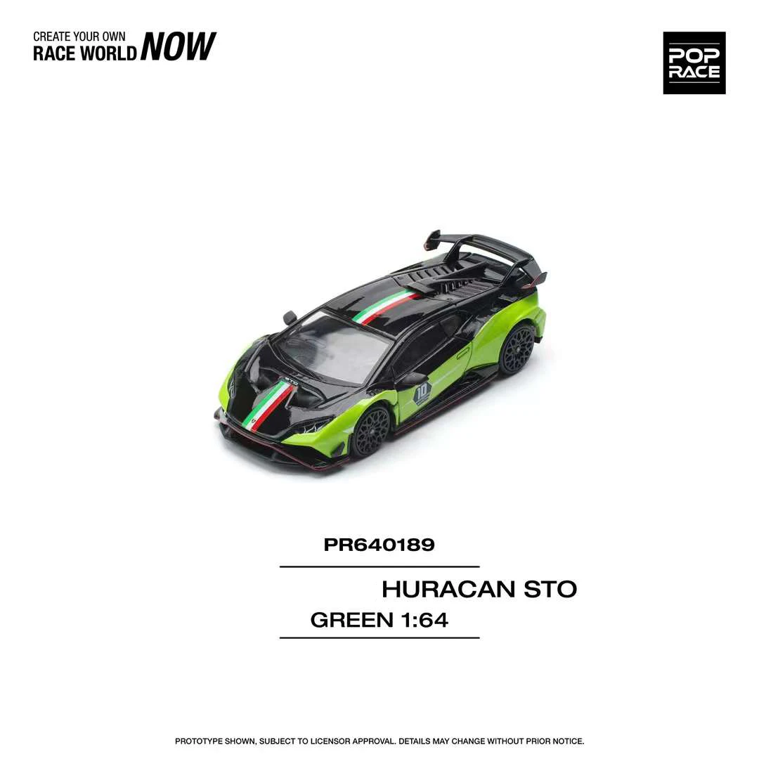 PreSale POP RACE 1:64 Huracan STO Green With Italia Strips Diecast Diorama Car Model Toy